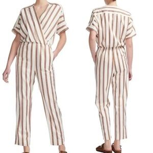 Maje Stripe Tan Brown White Striped Piene Short Sleeve Jumpsuit